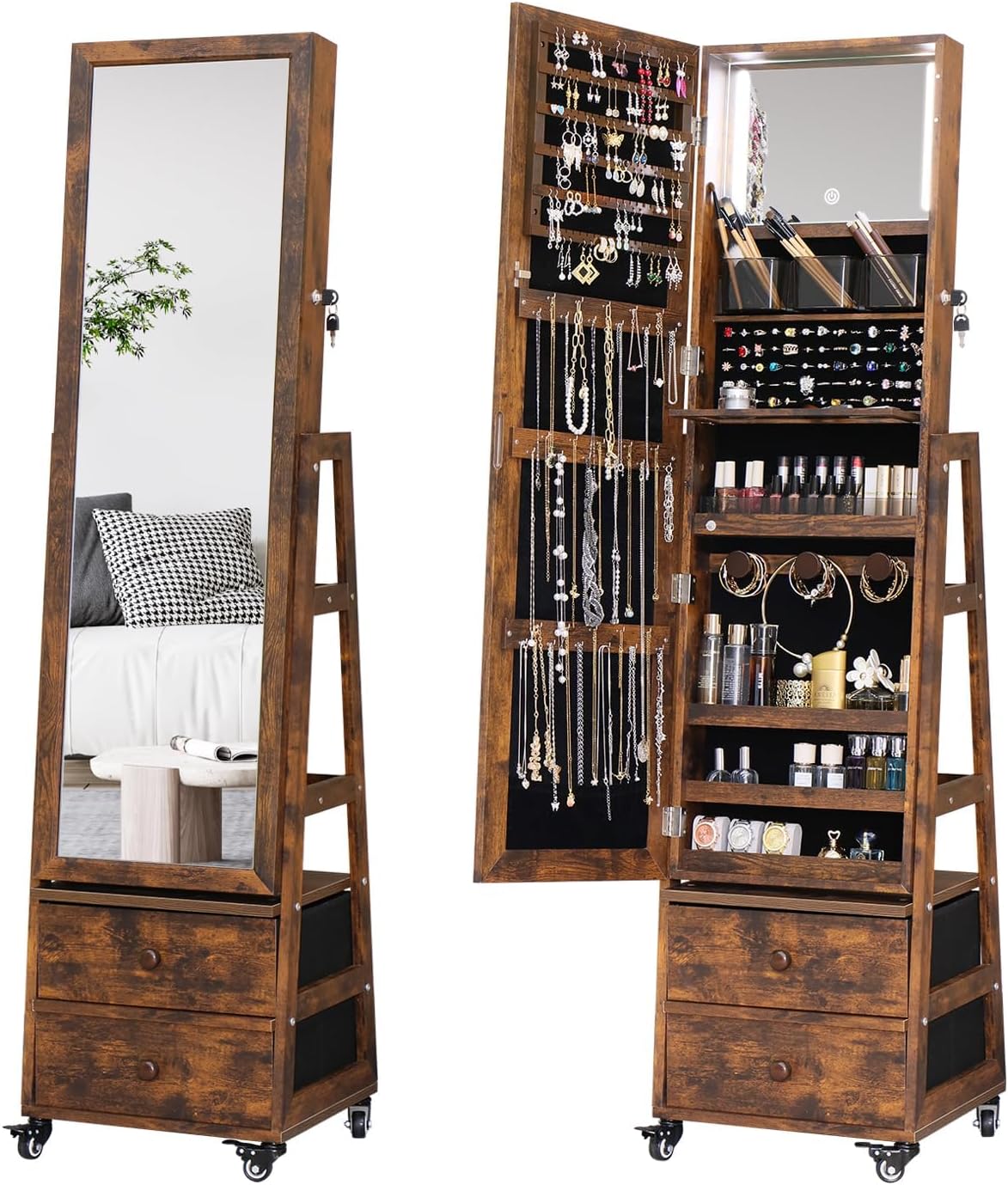 Full Length Mirror Jewelry Armoire - Armoire à bijoux rotative avec miroir
