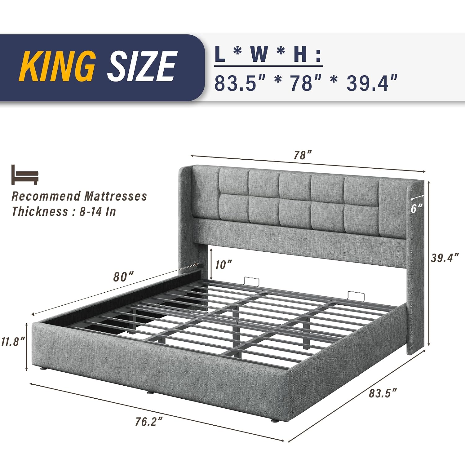 Gas Lift Storage Bed Hydraulic - Cadre de lit King Size avec