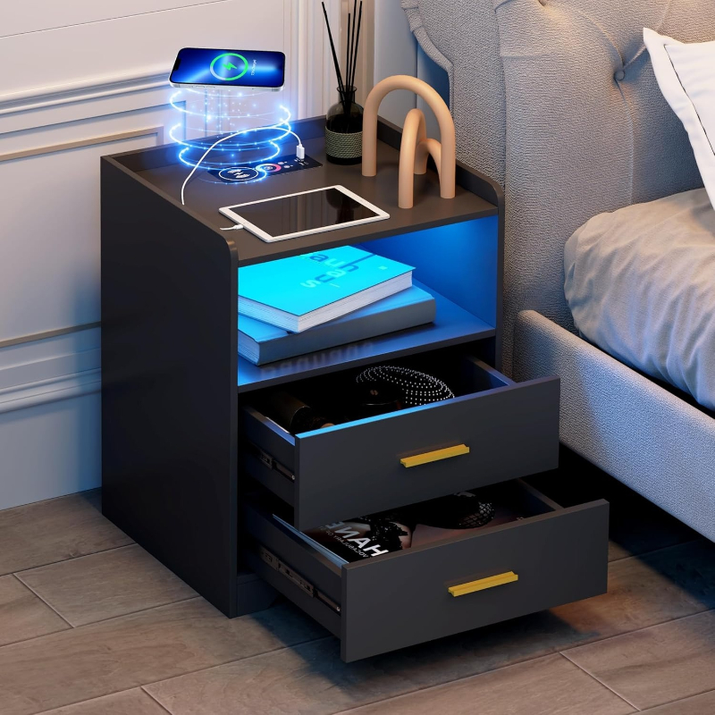 Solid Wood Nightstand 2 Drawers - Table de chevet LED noire avec