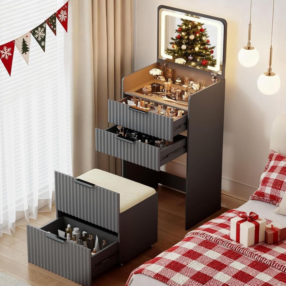 Bedroom Furniture - Bureau de toilette gris 3-en-1 avec