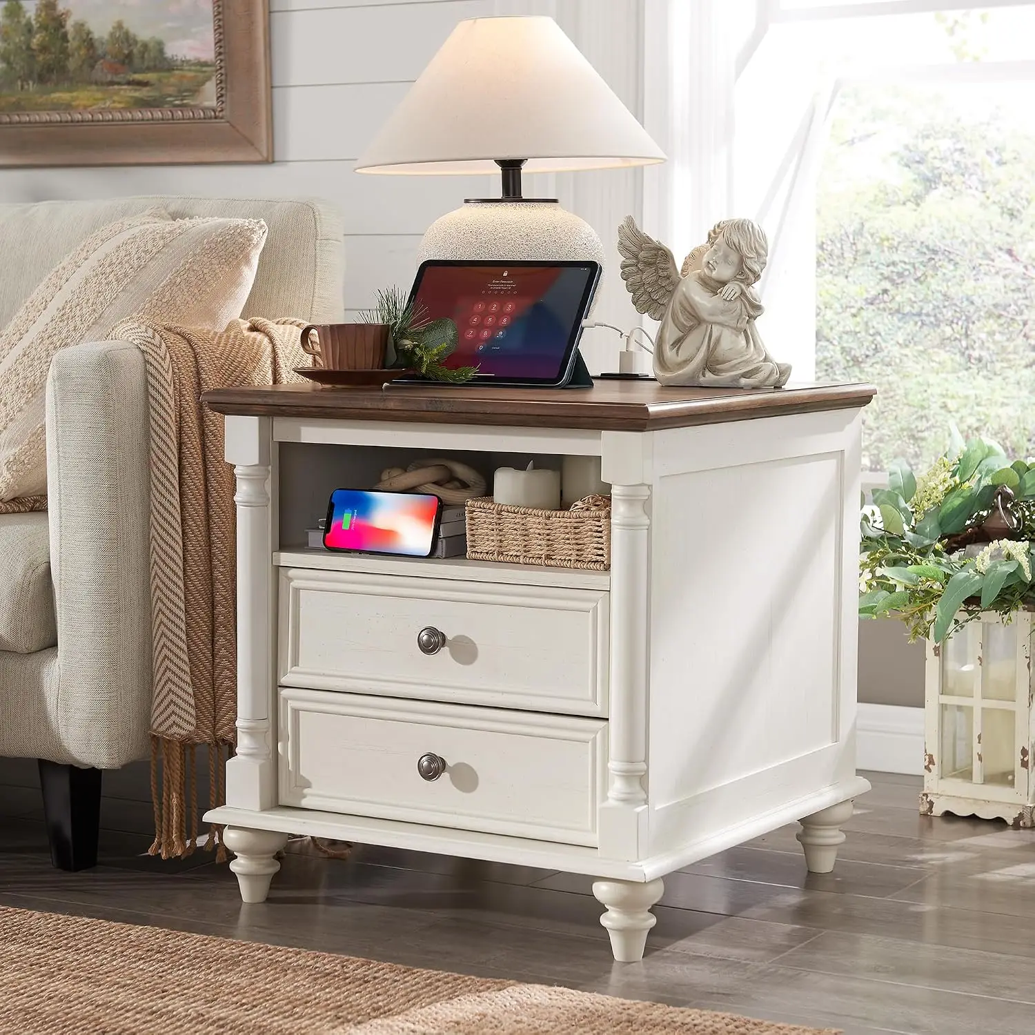 Solid Wood Nightstand 2 Drawers - Tables de chevet de style campagnard