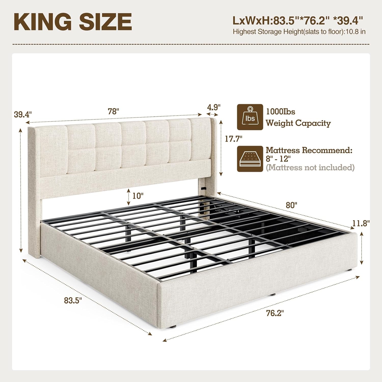 Cadre de lit king-size rembour - Gas Lift Storage Bed Hydraulic avis et prix