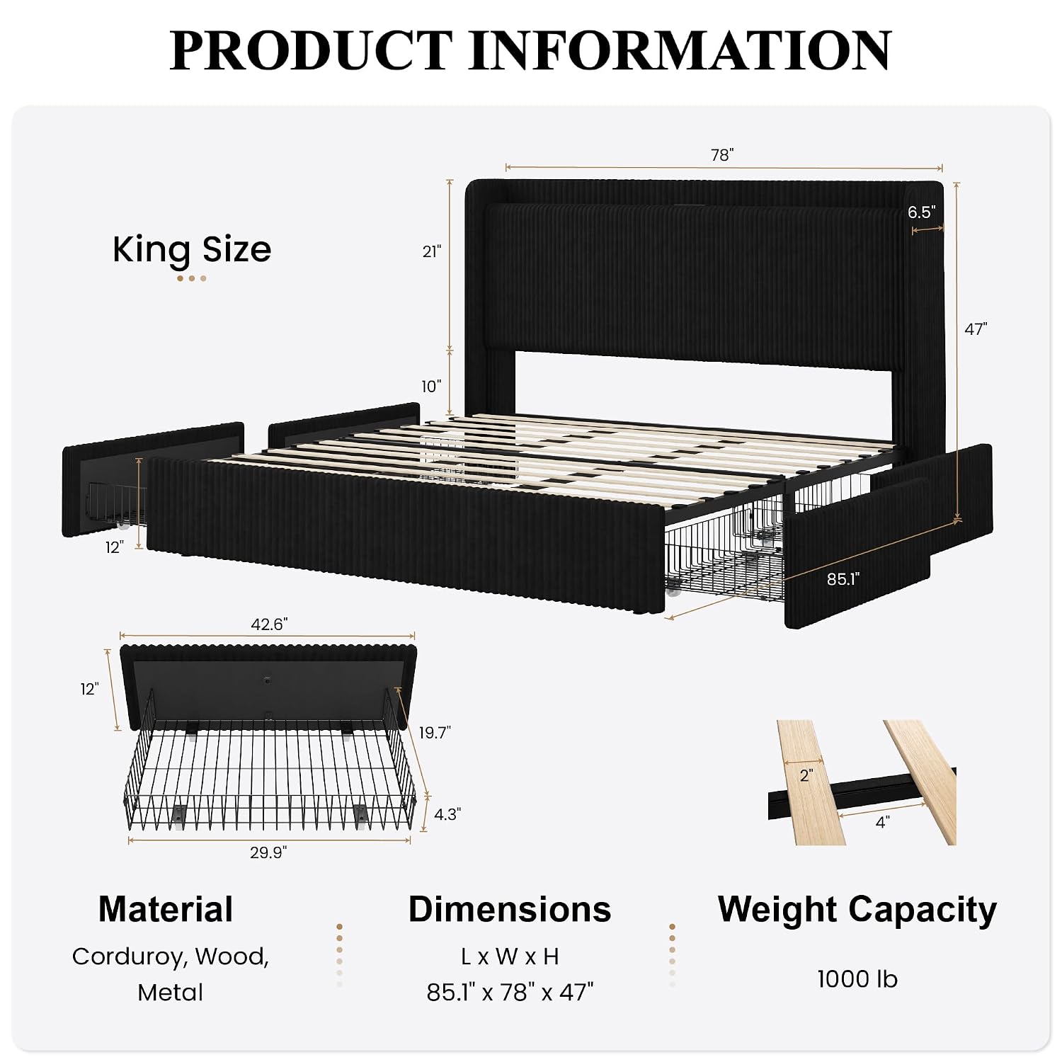 Cadre de lit King Size avec 4  - King Size Bed Frame With Storage Drawers avis et prix